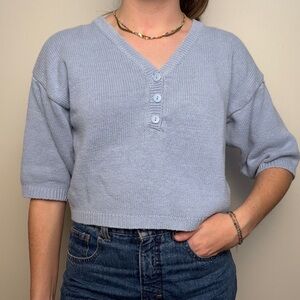 vintage periwinkle knit short sleeve henley top - size small cottagecore